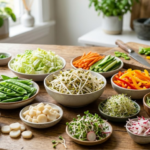 Fresh bean sprouts and healthy vegetable substitutes including snap peas, shredded cabbage, sliced bell peppers, and microgreens arranged in bowls on a wooden table.