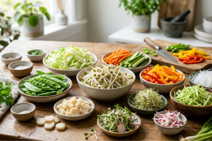 Fresh bean sprouts and healthy vegetable substitutes including snap peas, shredded cabbage, sliced bell peppers, and microgreens arranged in bowls on a wooden table.
