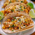 Grilled corn tacos topped with cotija cheese, cilantro, red onion, avocado, and fresh lime wedges on a serving plate.