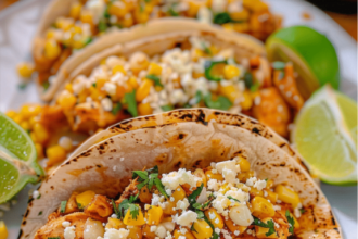 Grilled corn tacos topped with cotija cheese, cilantro, red onion, avocado, and fresh lime wedges on a serving plate.