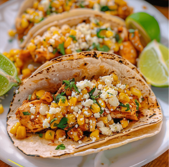 Grilled corn tacos topped with cotija cheese, cilantro, red onion, avocado, and fresh lime wedges on a serving plate.