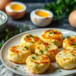 Freshly baked cottage cheese egg bites with spinach, cheddar, and bell peppers served on a white plate.