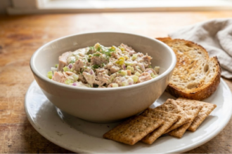Creamy homemade tuna salad with celery, onion, and pickle relish in a bowl