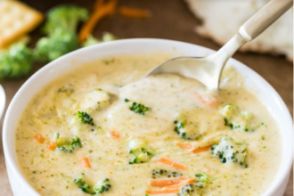 Creamy homemade broccoli cheese soup with tender broccoli and melted cheddar