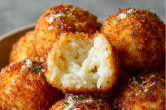 Golden crispy cheesy rice ball arancini filled with melted mozzarella